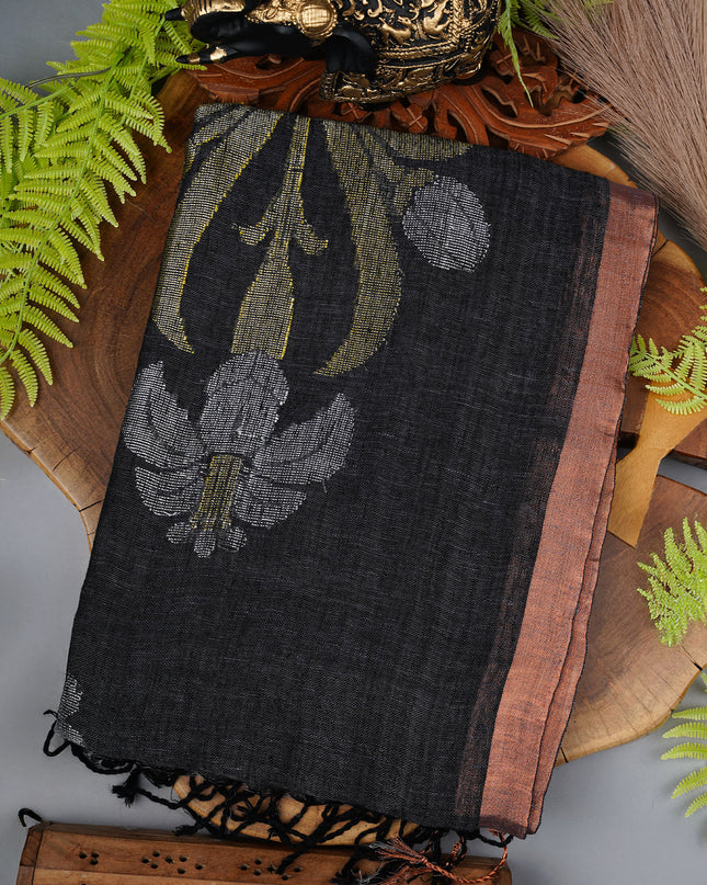 Lenin Cotton Saree with Gold and Silver Butties and Contrast Border- Grey