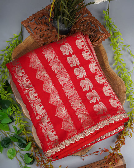 Banaras Silk Saree With Golden Stripes Work Lace Border - Red