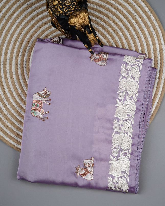 Mashru satin saree with pichwai butties and Parsi Work lace border - Lavender