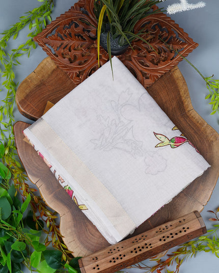 Tissue Linen Saree With  Floral Embroidery & Sequins Work - Tan