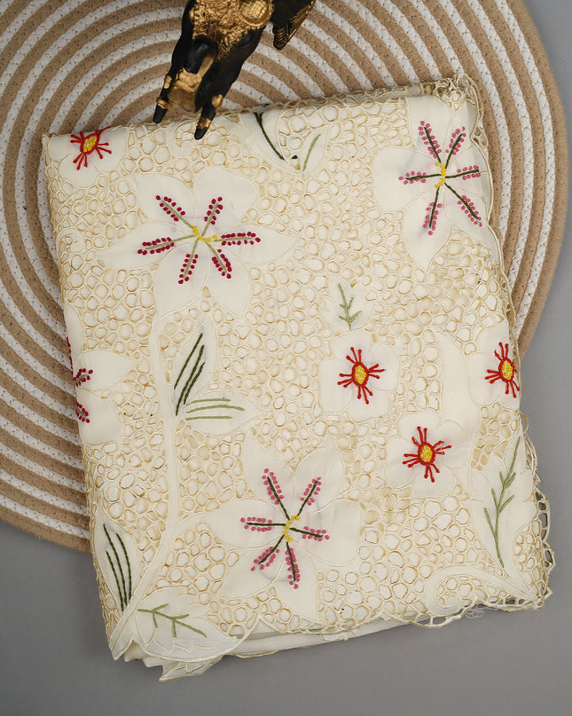 Dupion Saree with Thread  Work and Scallop Border-Off White