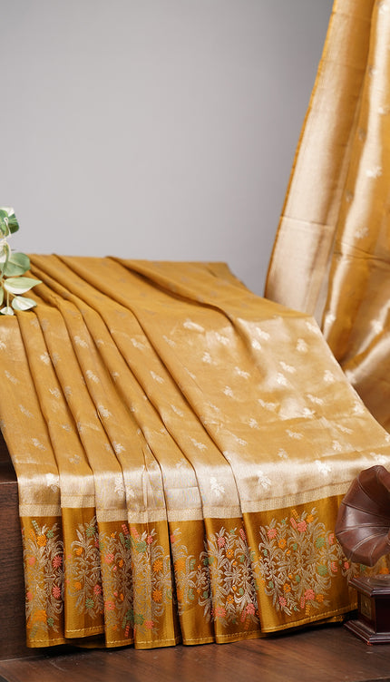 Munga Tissue Silk with Satin border & Meena Kari Weaving Buties and Border