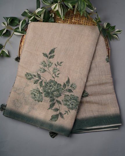 Tissue Linen Saree With Floral Print & Knot Work - Beige & Green