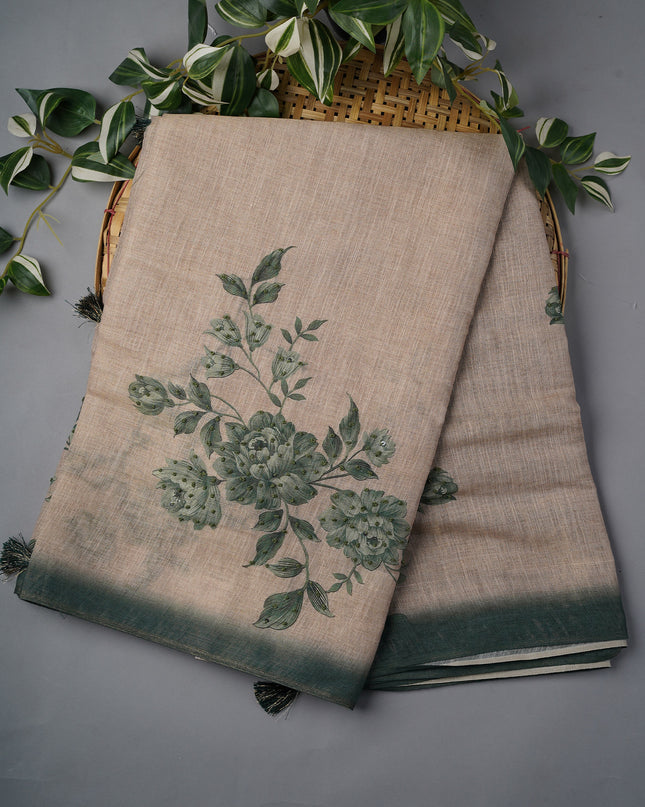 Tissue Linen Saree With Floral Print & Knot Work - Beige & Green