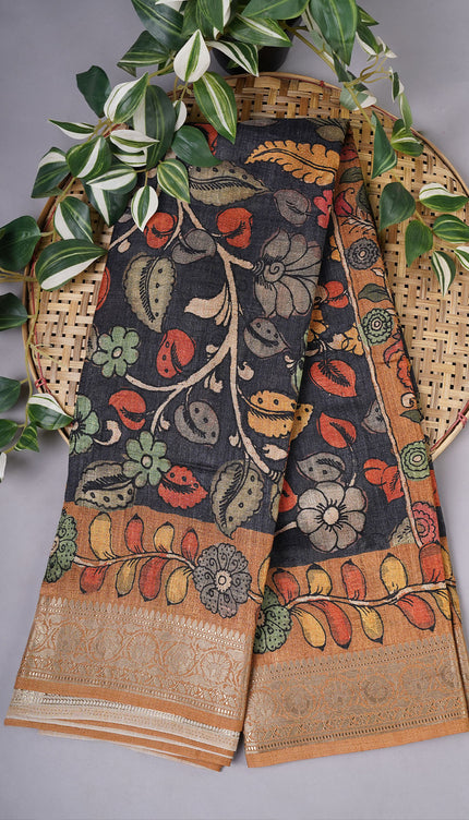 Tussar Kalamkari Print with Kanchi Border - Char Coal