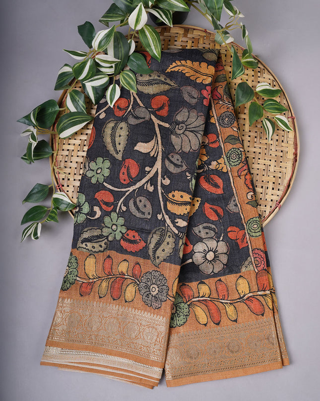 Tussar Kalamkari Print with Kanchi Border - Char Coal
