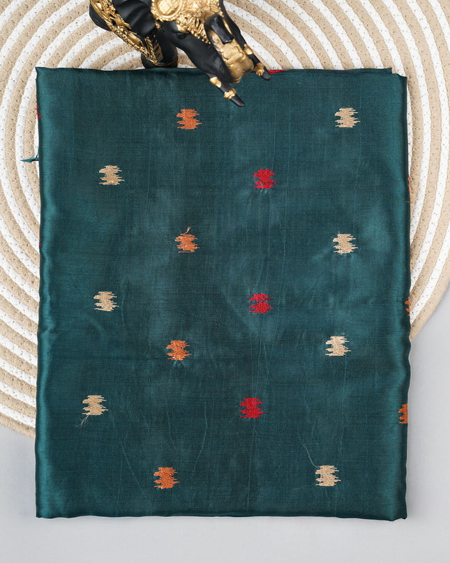 Dupion silk saree with thread butties and border - Teal Green