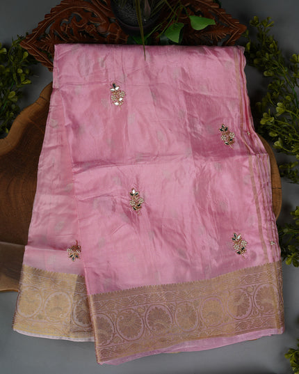 Russian Crepe Pull and Kardhana Butties Golden Stripes Banaras Border- Baby Pink