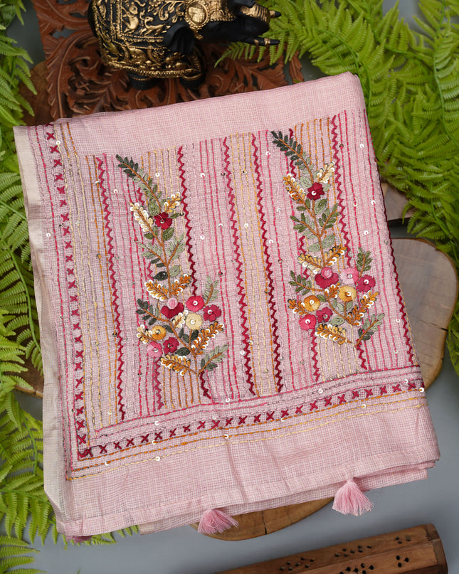 Kota Silk Saree with Kantha Work - Baby Pink