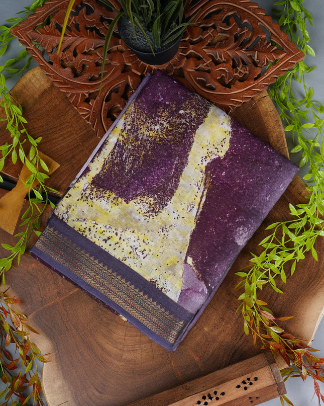 Muslin Silk Saree With Abstract Print Complimented Ly A Contrasting Dark Border With Gold Colored Trim -  Wine