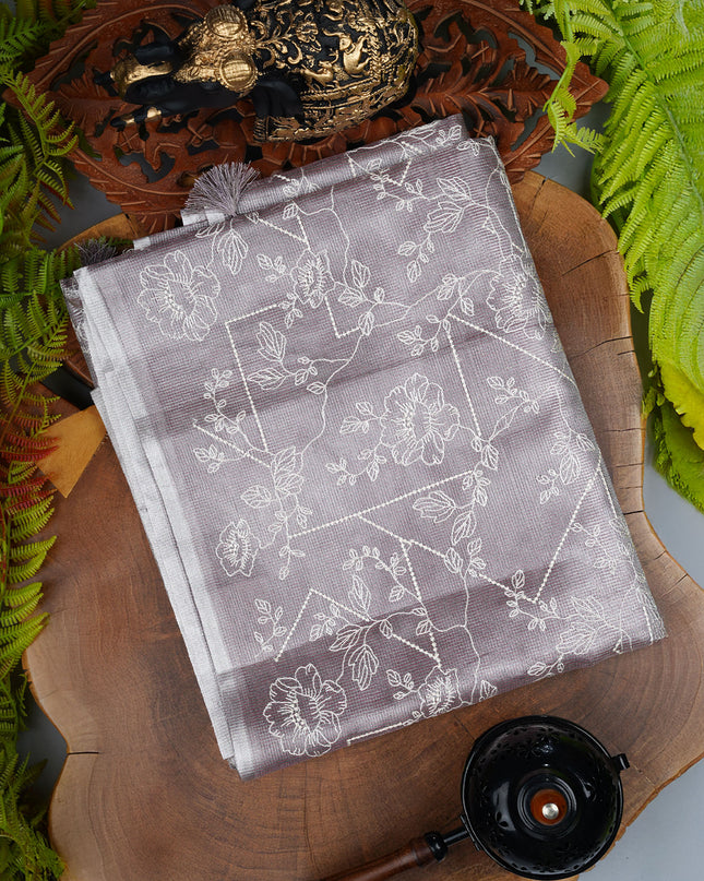 Tissue kota saree with thread work and silver border - Lavender