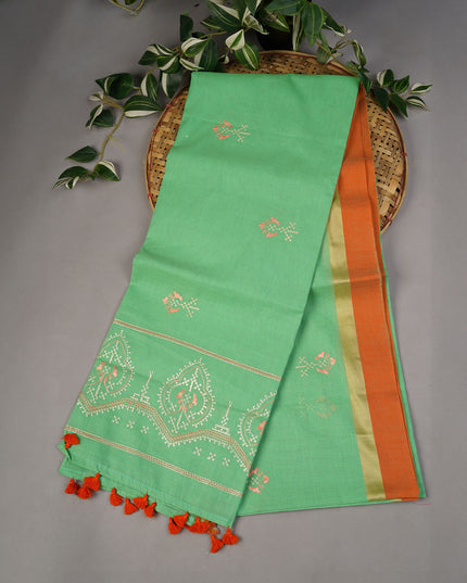 Handloom Cotton Thread Embroidery Buttis Gold Border - Green