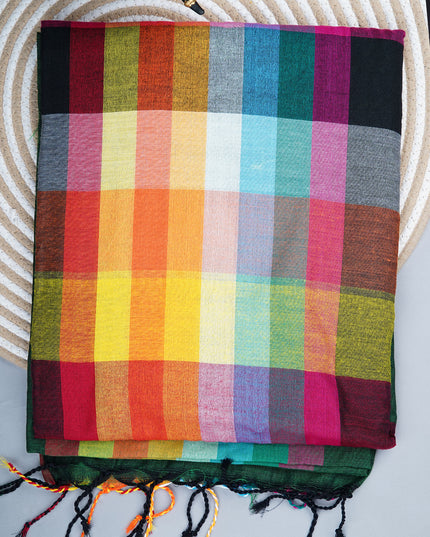 mulcotton saree with multicolored check pattern - Bottle Green