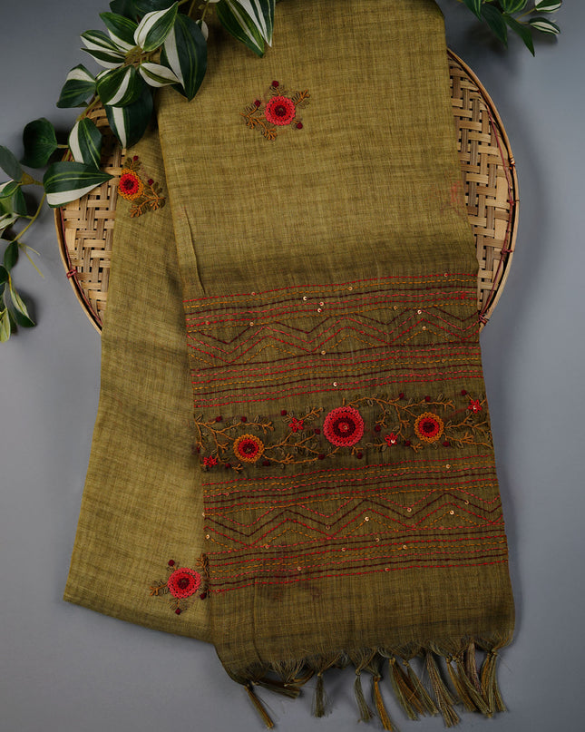 Tissue Linen Saree With Kantha Work & Contrast Border - Light Green