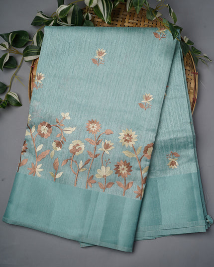 Jute Linen Sree With Thread Embroidery Butties And Satin Border - Mint Blue