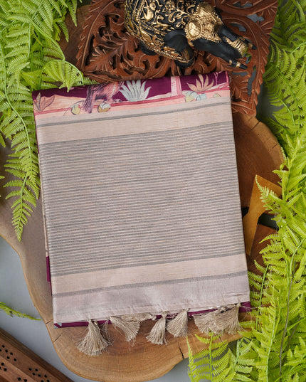 Tusser silk saree with digital print thread border - Wine
