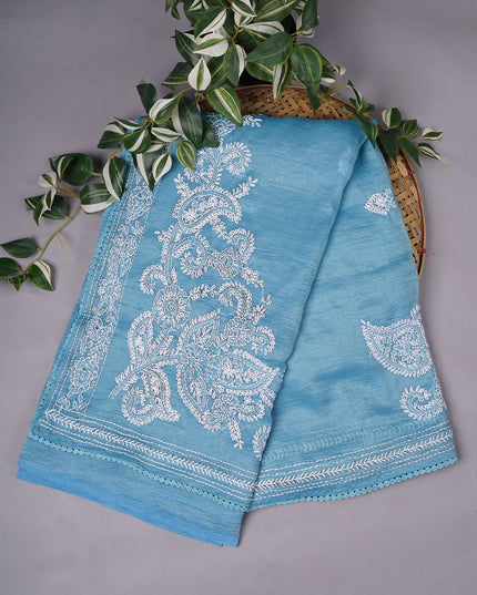 Crush Organza With Kantha Work & Lace Border  - Blue