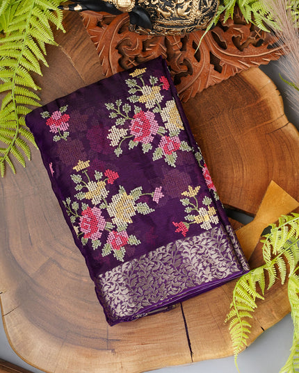 Wrinkle Crepe Saree with Thread Embroidery Work and Golden Zari Border- Violet
