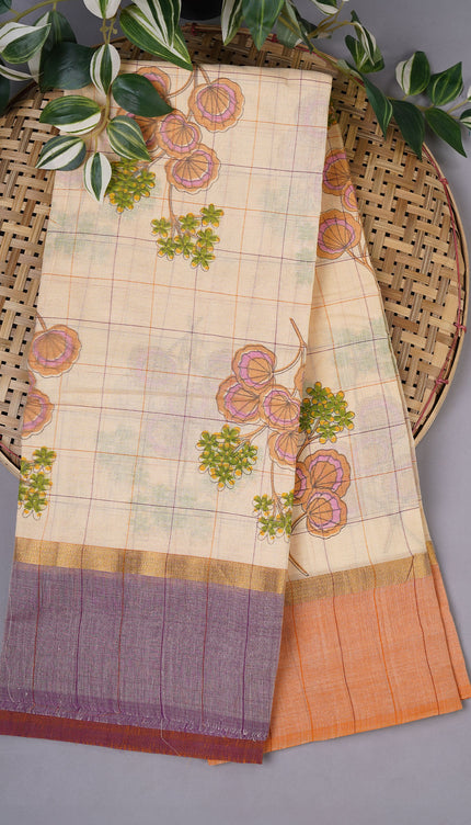 Cotton Digital Print Bootie With Ganga Jamuna Border - Creme