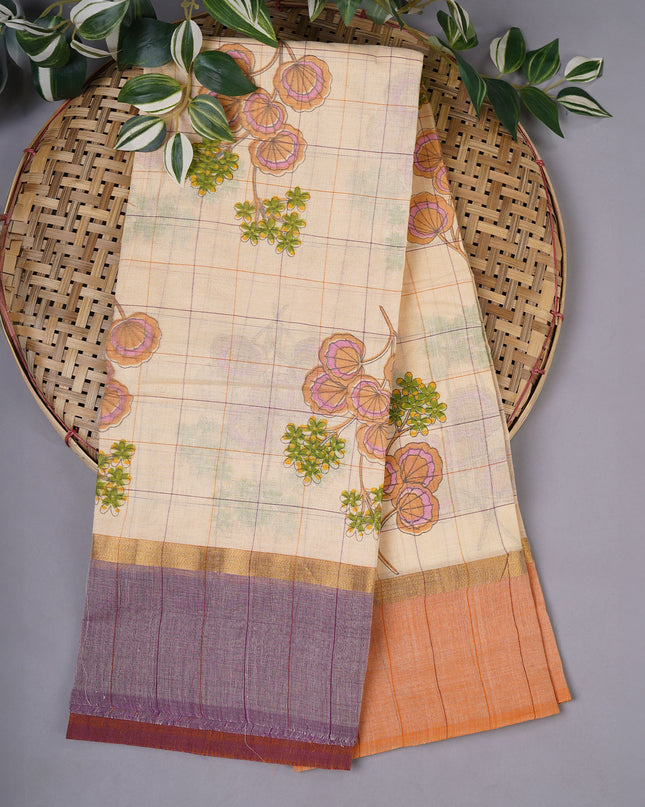 Cotton Digital Print Bootie With Ganga Jamuna Border - Creme