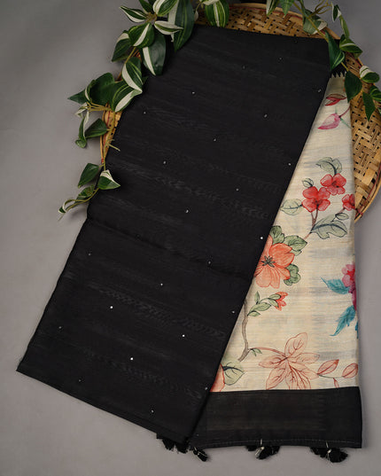 Tusser Silk Allover Mirror With Digital Print - Black