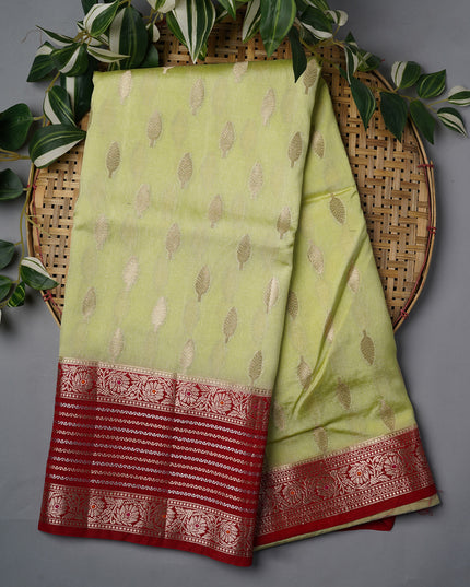 Chanderi Silk Saree With Gold & Silver Contrast Border - Green