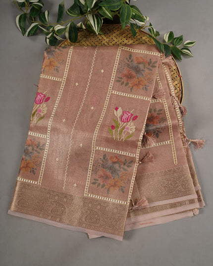 Kota Tissue Organza Thread Embroidery Buttis With Banaras Border - Dusty Pink