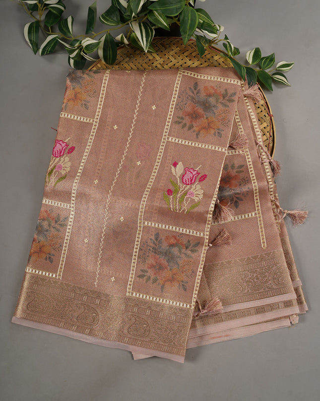 Kota Tissue Organza Thread Embroidery Buttis With Banaras Border - Dusty Pink