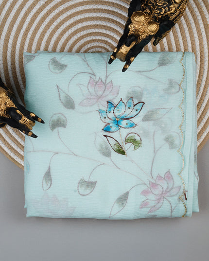 Crush tissue saree with hand painting butties and scallop border Kardana & Sequence Work - Sea Green