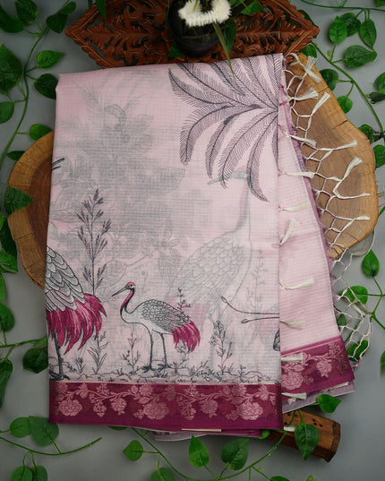 Kota Silk Saree with Digital Print and Contrast Border- Baby Pink