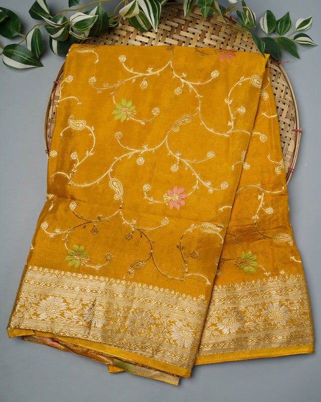 Banaras Silk Saree With Allover Meenakari Weaving And Gold Border - Mehndi