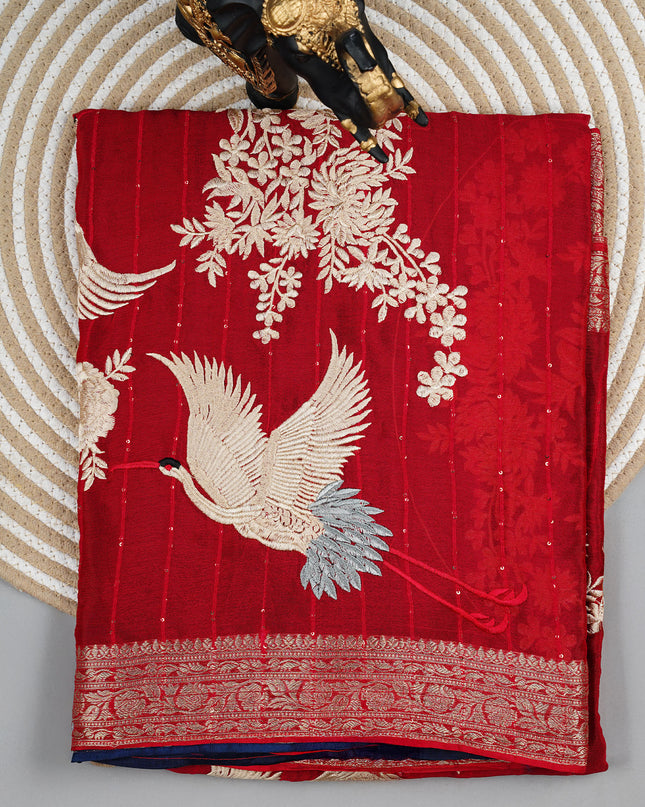 Chiffon saree with Parsi Gara work and kanchi border - Red