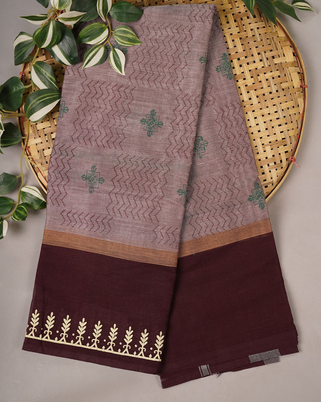 Cotton Block Print Contrast Border - Chocolate