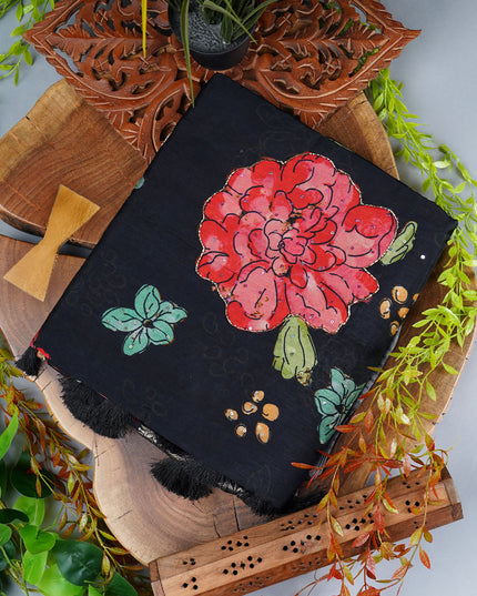 Chinon Silk Saree with floral print & sequins Embellishanents  - Black