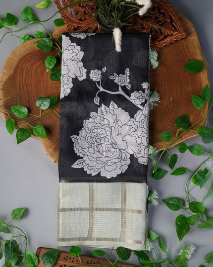 Kota Silk Saree with Floral Print and Contrast Border- Black and Green