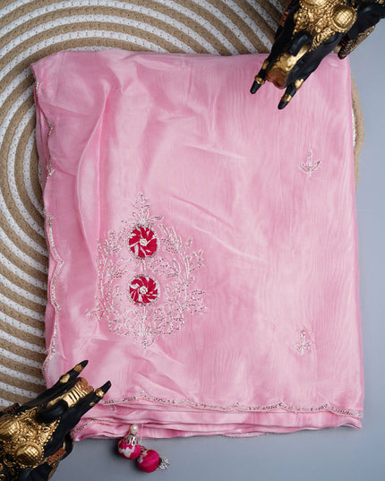 Russian silk saree with applique & Kardhana Work and scallop border - Pink