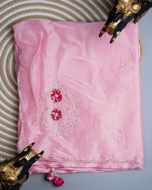 Russian silk saree with applique & Kardhana Work and scallop border - Pink