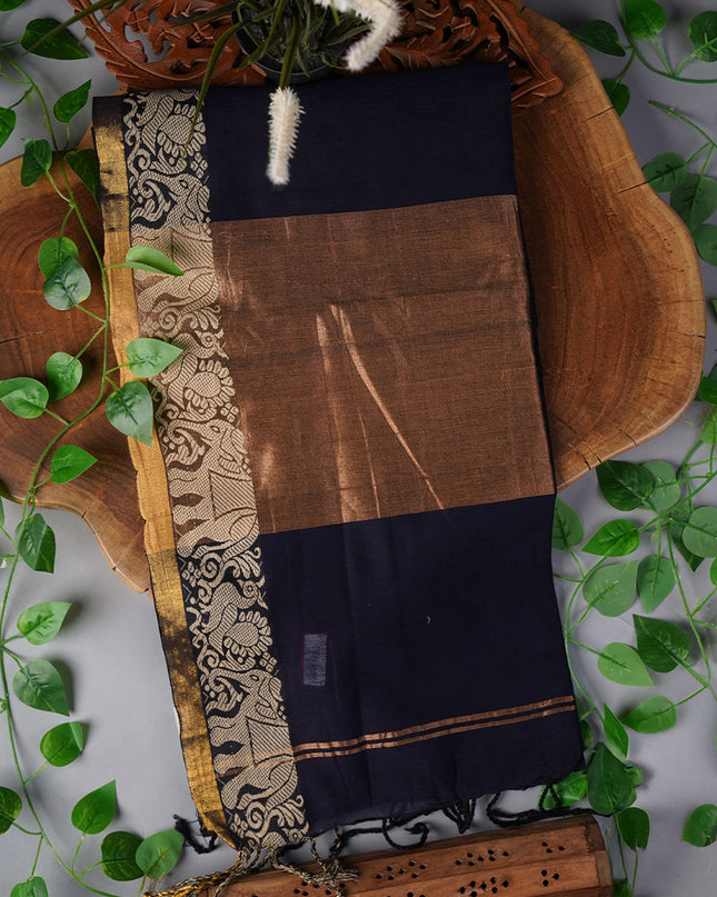Handloom Cotton Saree with Thread Weaving Border- Navy Blue