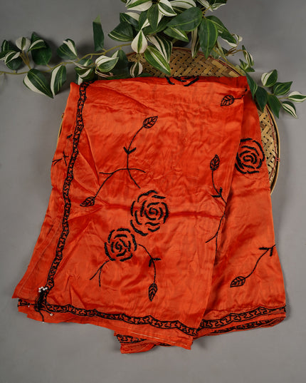 Russian Crape Scallop Border Kardana Hand Work - Orange