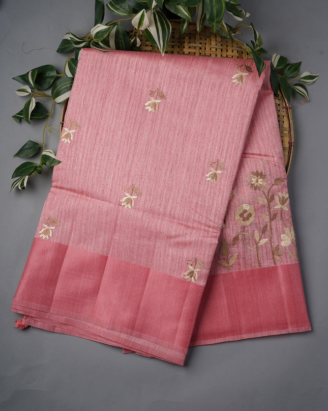 Jute Linen With Thread Embroidery Butties And Satin  Border - Pink