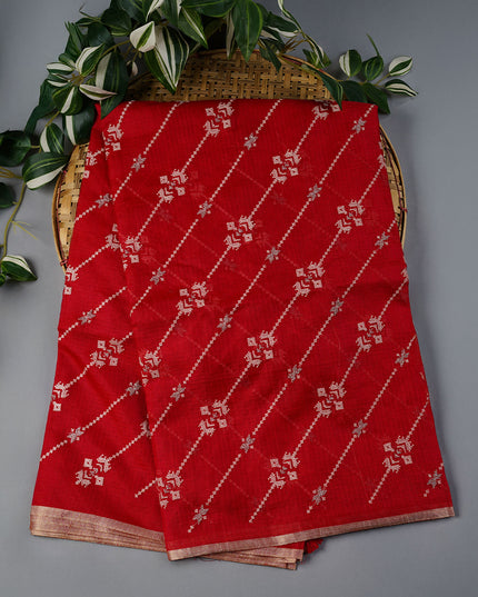 Silk Kota Saree With Allover Thread Embroidery Work With Gold Border -  Red