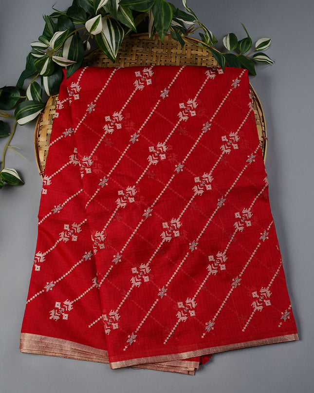Silk Kota Saree With Allover Thread Embroidery Work With Gold Border -  Red