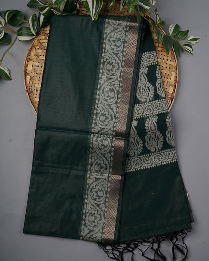 Chanderi Silk with Thread Weaving and Golden Border- Green