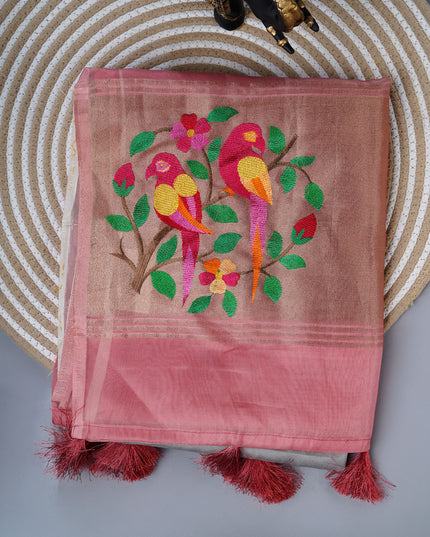 Soft organza saree with embroidered parrot motifs - Peach