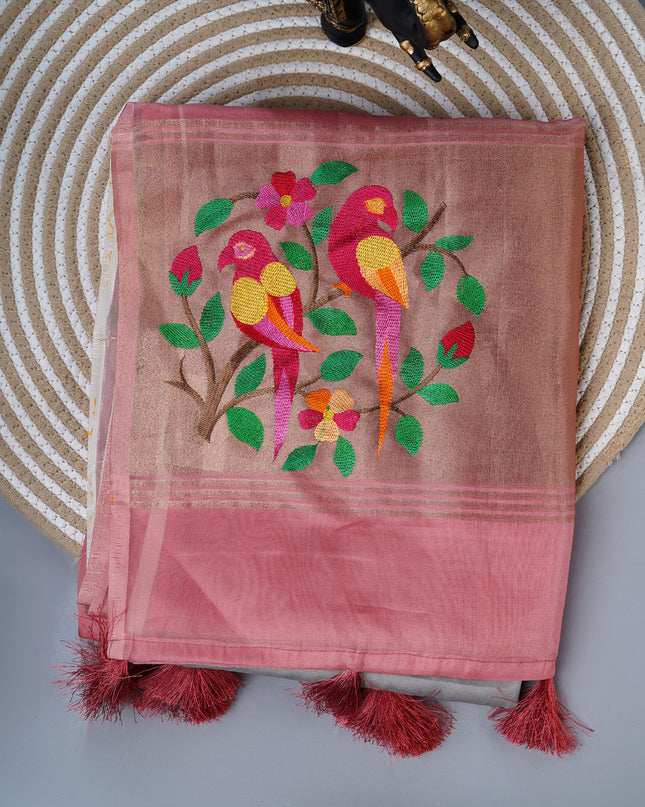 Soft organza saree with embroidered parrot motifs - Peach
