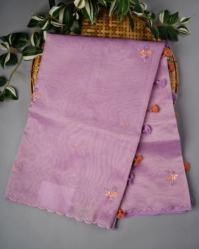 Tissue Linen Saree With Thread Knot Work Butties With Scallop Border - Lavender