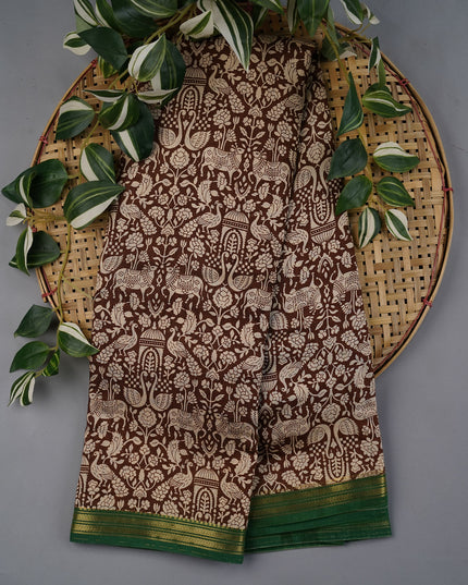 Muslin Silk Allover Digital Print with Contrast Border- Brown