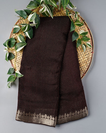 Korean Crepe Saree with Golden Zari Border- Coffee Brown