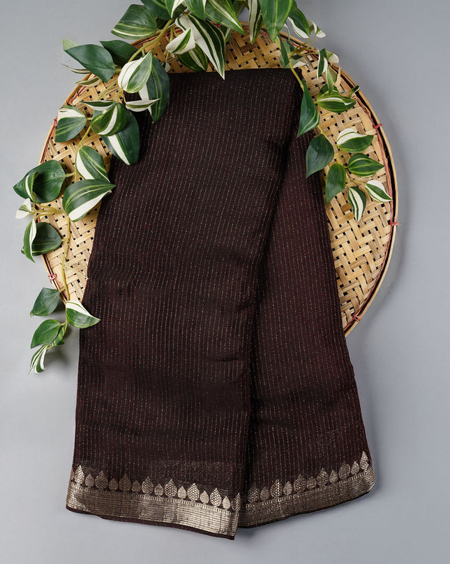 Korean Crepe Saree with Golden Zari Border- Coffee Brown
