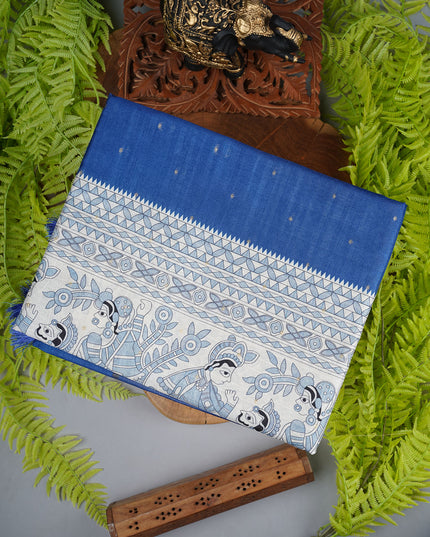 Tusser saree madhubani print with silver border - Royal Blue